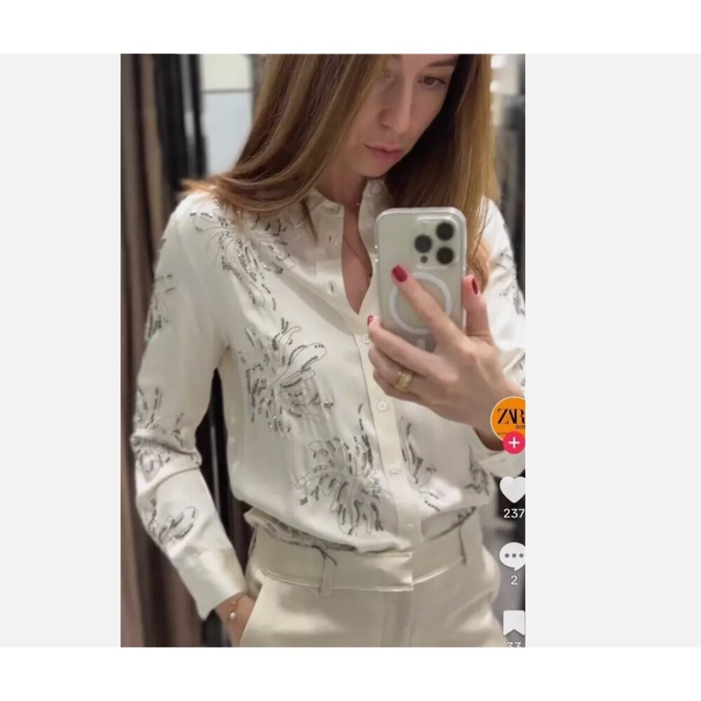 ZARA WOMAN EMBROIDERED BEADED SHIRT Blouse White silver M XL NWT 4786/044
